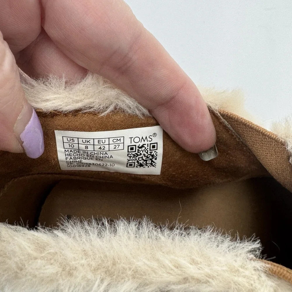 TOMS Womens Slip On Sneakers Faux Fur Lined Brown Leather US 10 EU 42 Cozy Warm